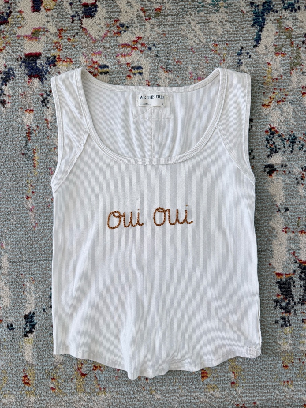We The Free White Tank Top with Gold 'oui oui' Embroidery